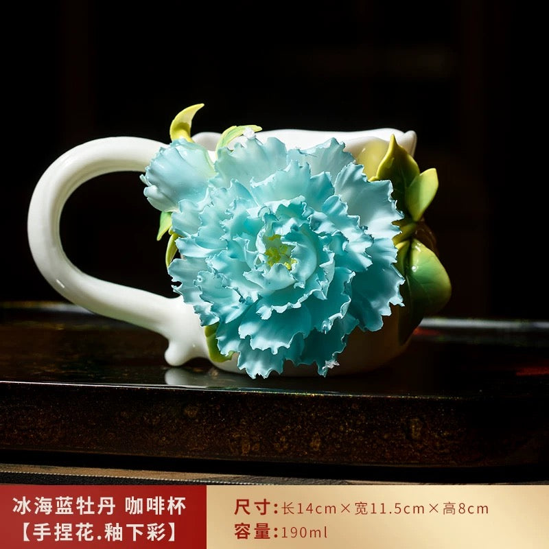 Red-hot rose in hand, holding a coffee cup