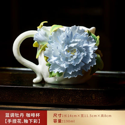 Red-hot rose in hand, holding a coffee cup