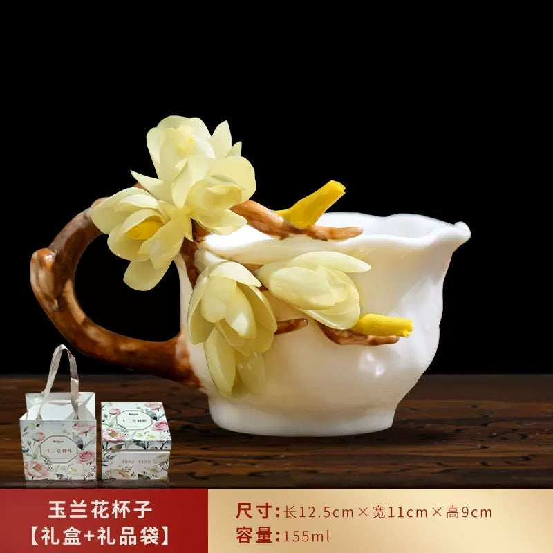 Red-hot rose in hand, holding a coffee cup