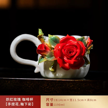 Red-hot rose in hand, holding a coffee cup