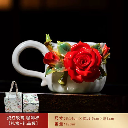 Red-hot rose in hand, holding a coffee cup
