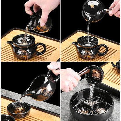 Black-glazed koi tea set