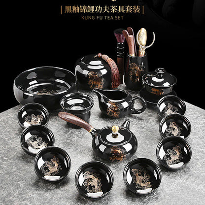 Black-glazed koi tea set