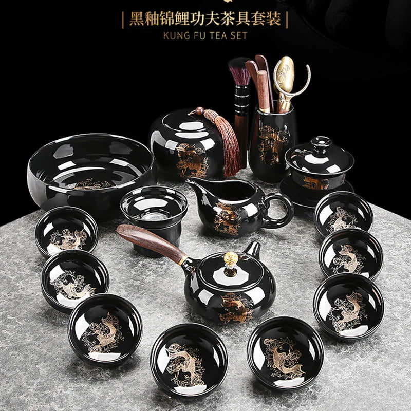 Black-glazed koi tea set
