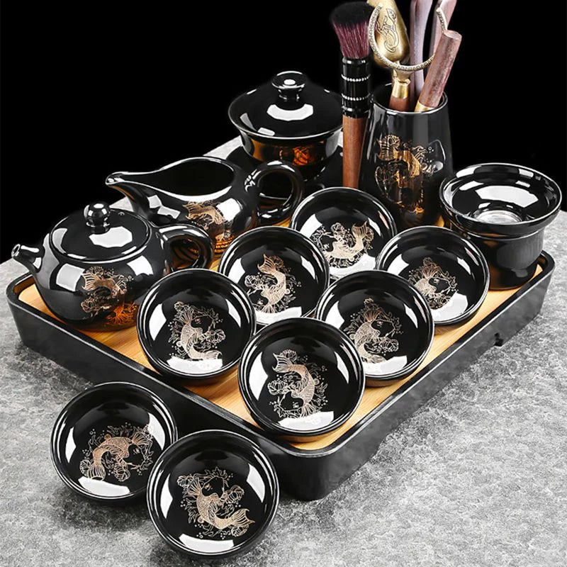 Black-glazed koi tea set